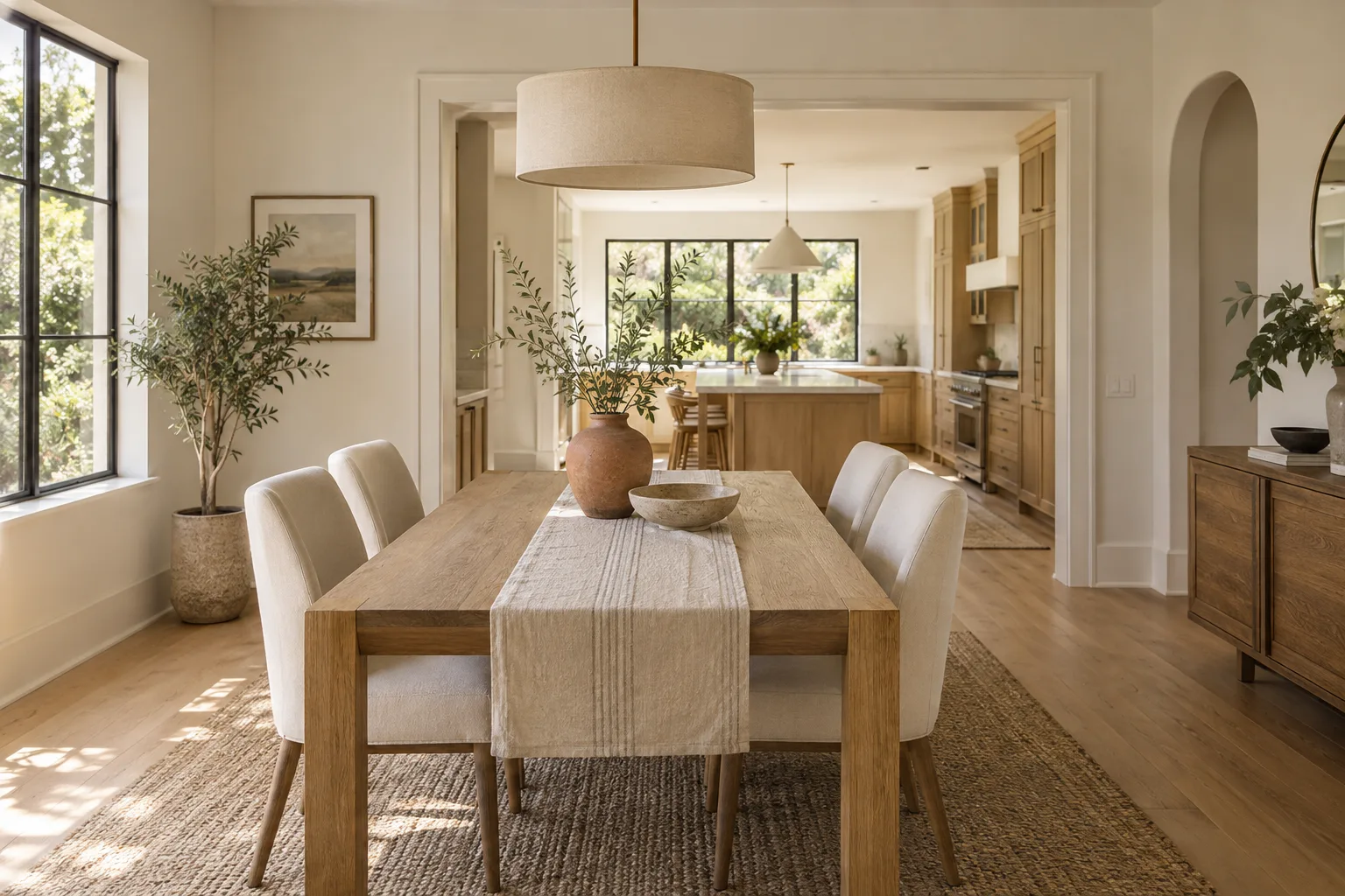 Illustration of an inviting dining room with oak furniture