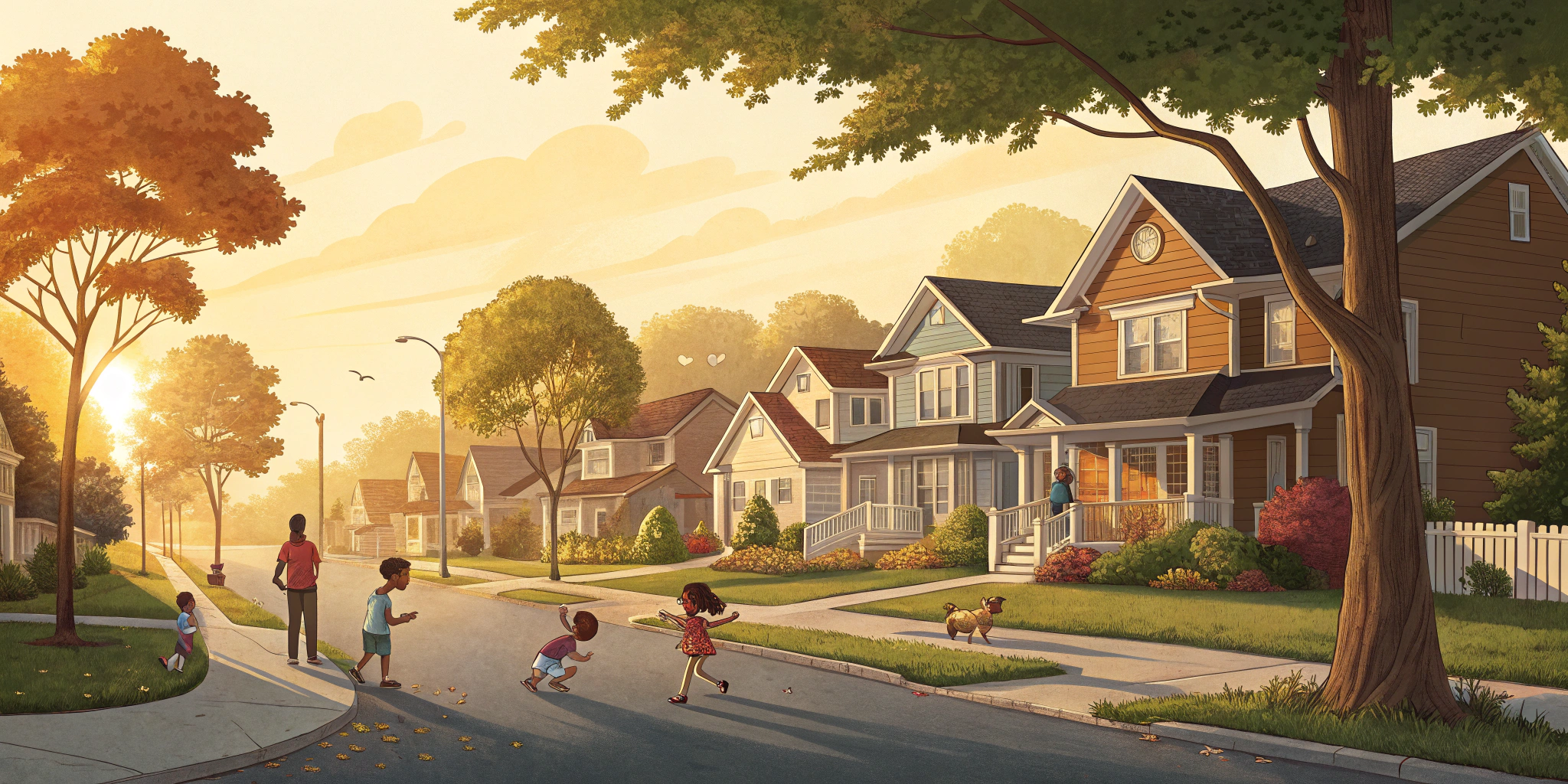 An inviting suburban street view with diverse families happily interacting in front of charming houses, children playing, and trees lining the road, bathed in warm, golden sunlight.