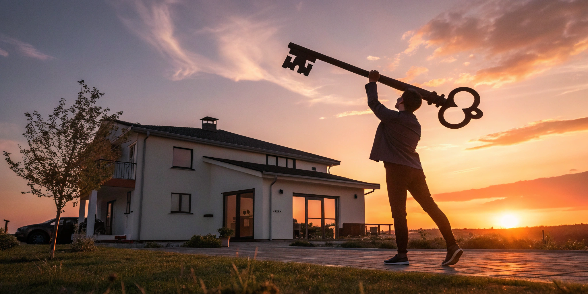 An image of a person holding a large, ornate key in front of a new house, with the sun gently setting in the background, casting a warm, inviting glow.