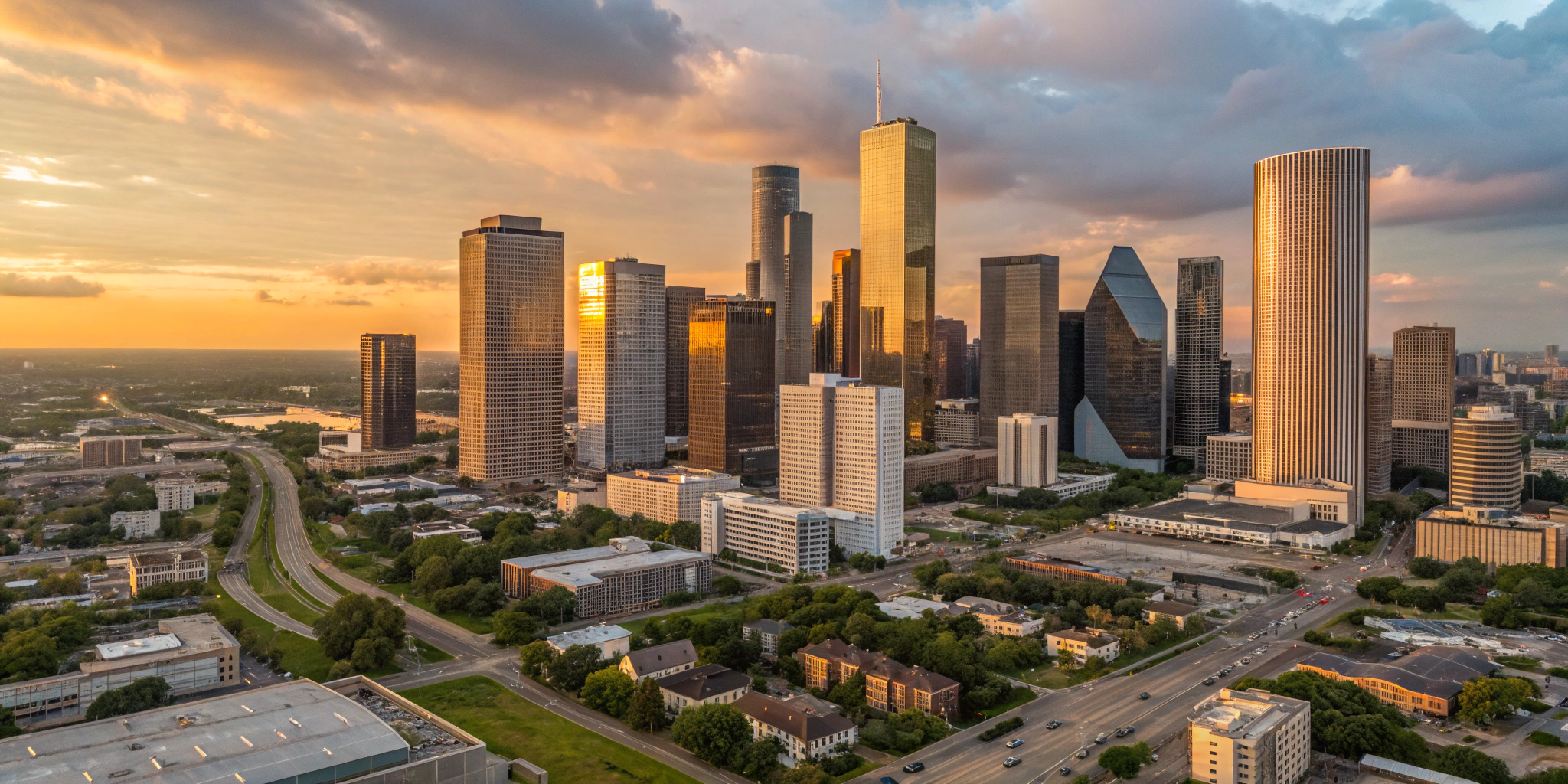 An aerial view of Houston's skyline at sunset, with golden hues reflecting off modern skyscrapers and new residential developments, symbolizing growth and opportunity.