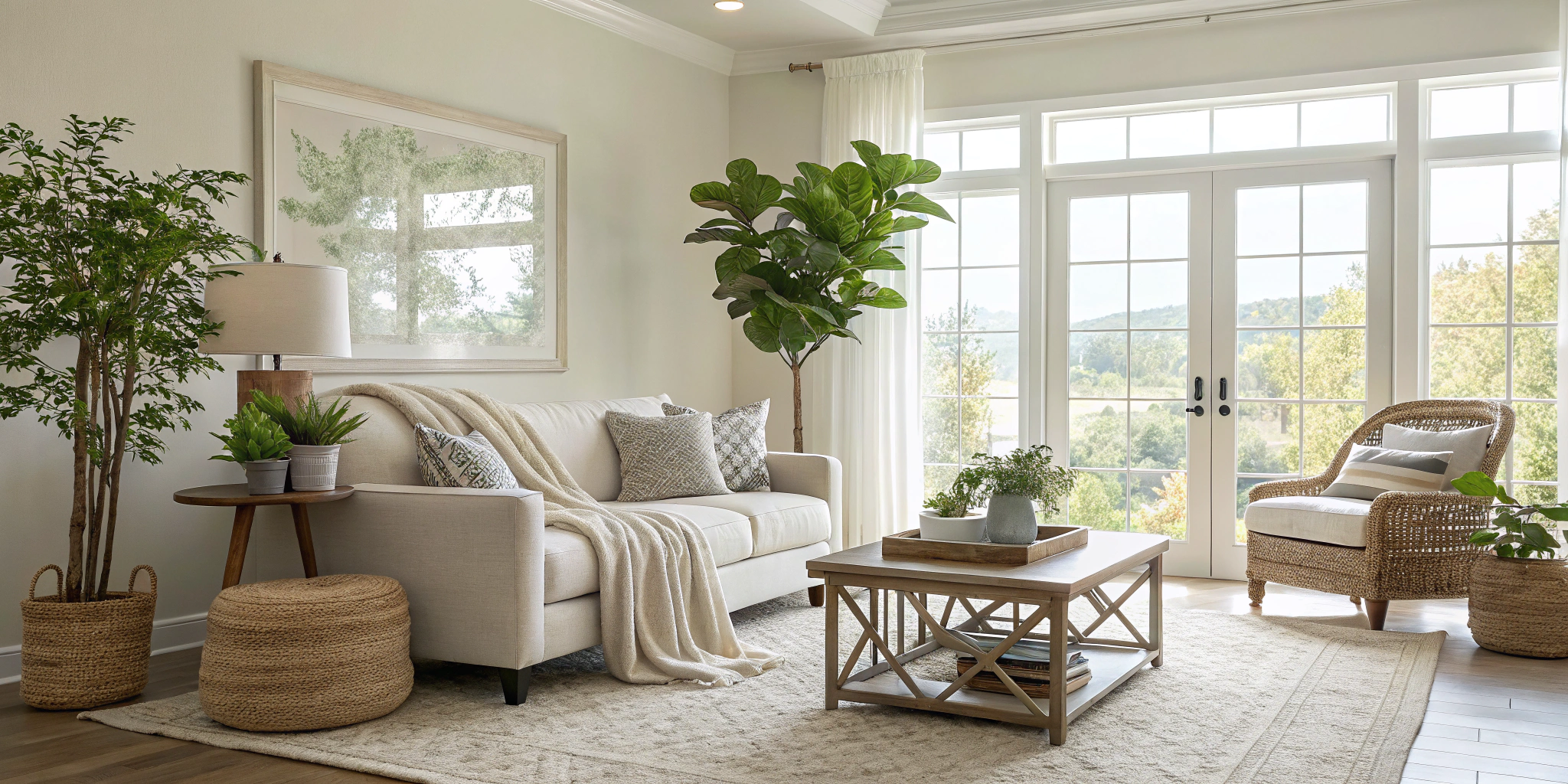 A beautifully staged living room with abundant natural light, featuring stylish and minimalistic furniture, fresh green plants, and subtle yet tasteful home decor.