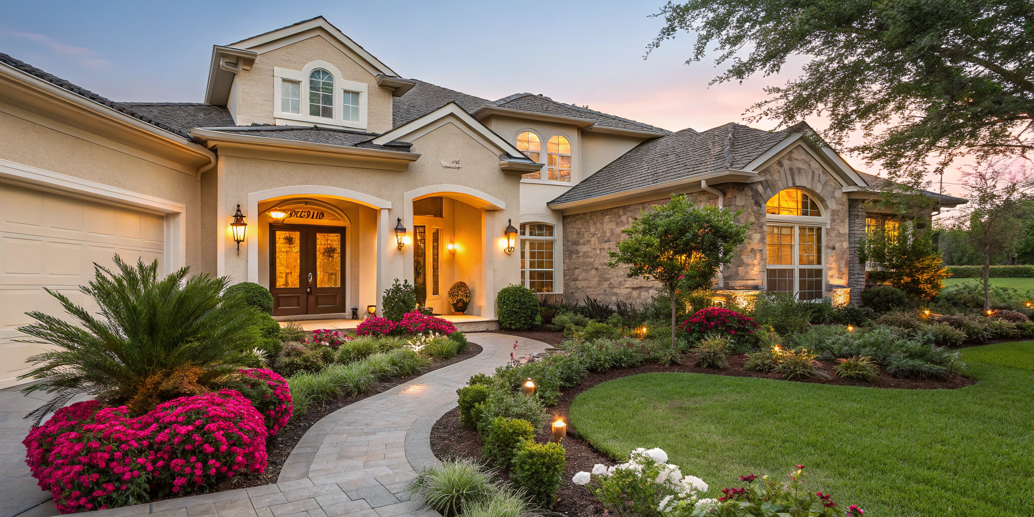 An inviting and charming Houston home exterior with freshly painted walls, vibrant landscaping, and solar-powered outdoor lights creating a warm, welcoming atmosphere.
