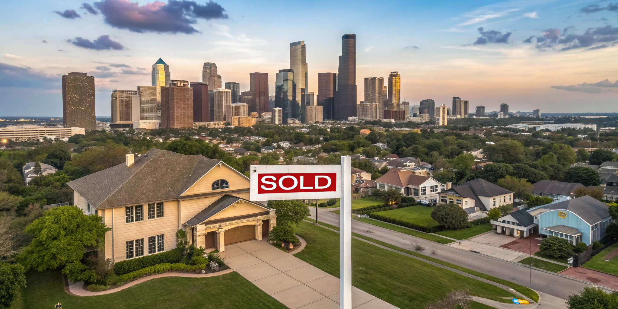 An aerial shot of a bustling Houston skyline with a 'sold' sign prominently displayed in front of a cozy, inviting suburban home.