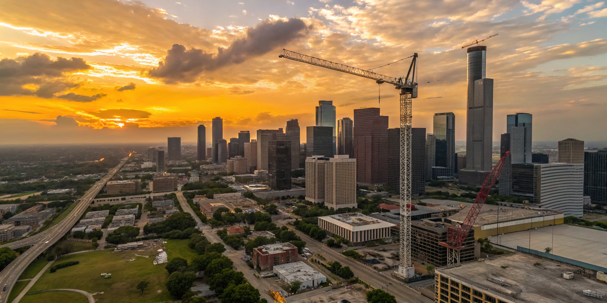 An aerial view of a bustling Houston skyline with cranes and construction sites prominently visible, set against a vibrant, golden sunset.
