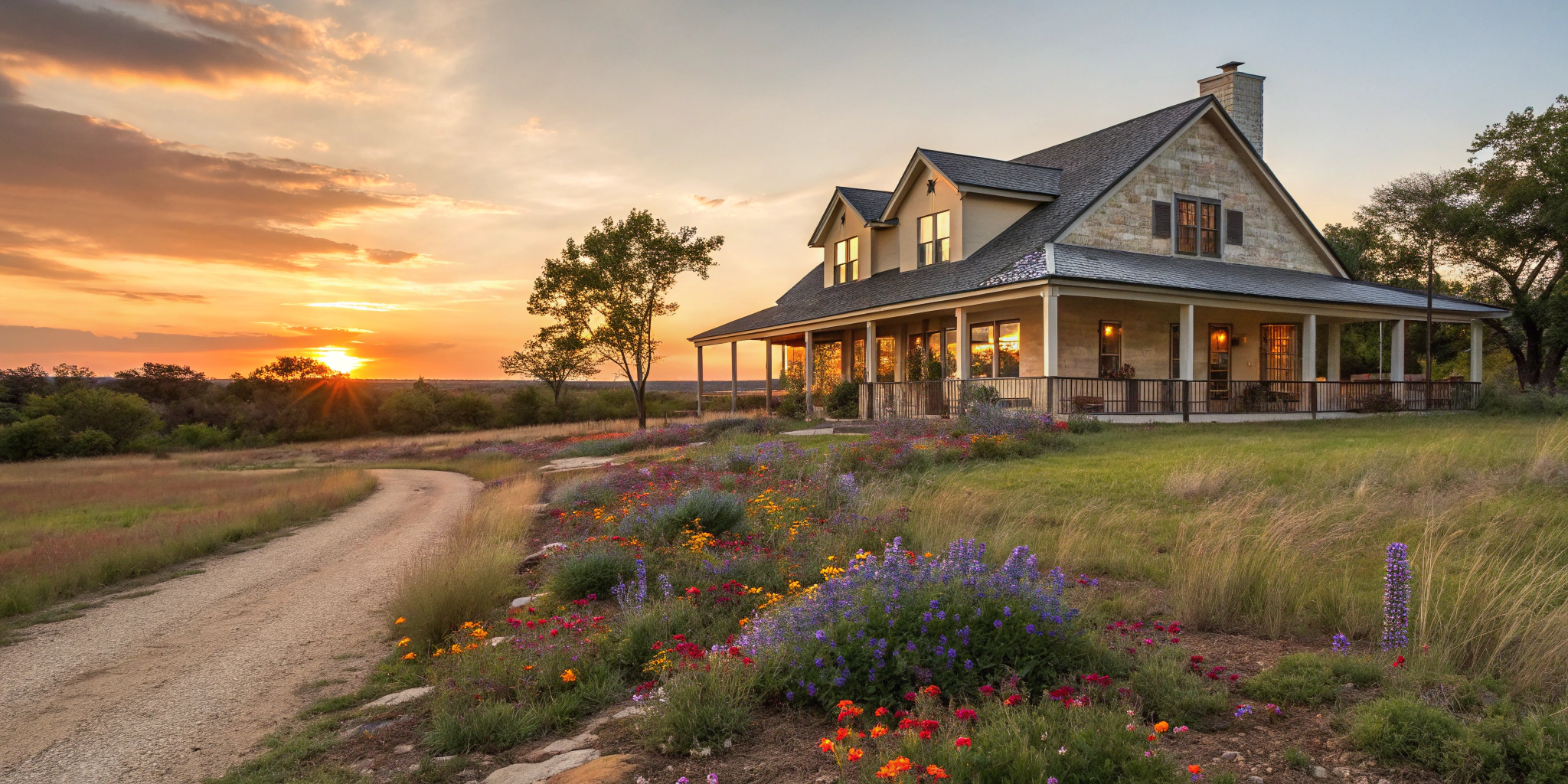An inviting Texas ranch-style home with a sprawling porch, surrounded by wildflowers and a golden sunset in the background, hinting at hidden paths leading to unexplored rooms.