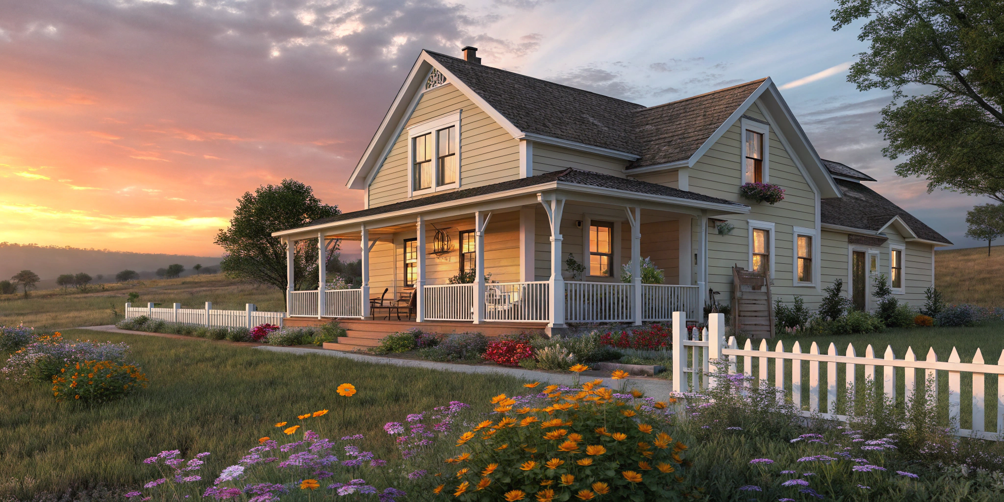An inviting image of a charming Texas-style house with a welcoming porch, surrounded by colorful wildflowers and a picturesque sunset in the background.