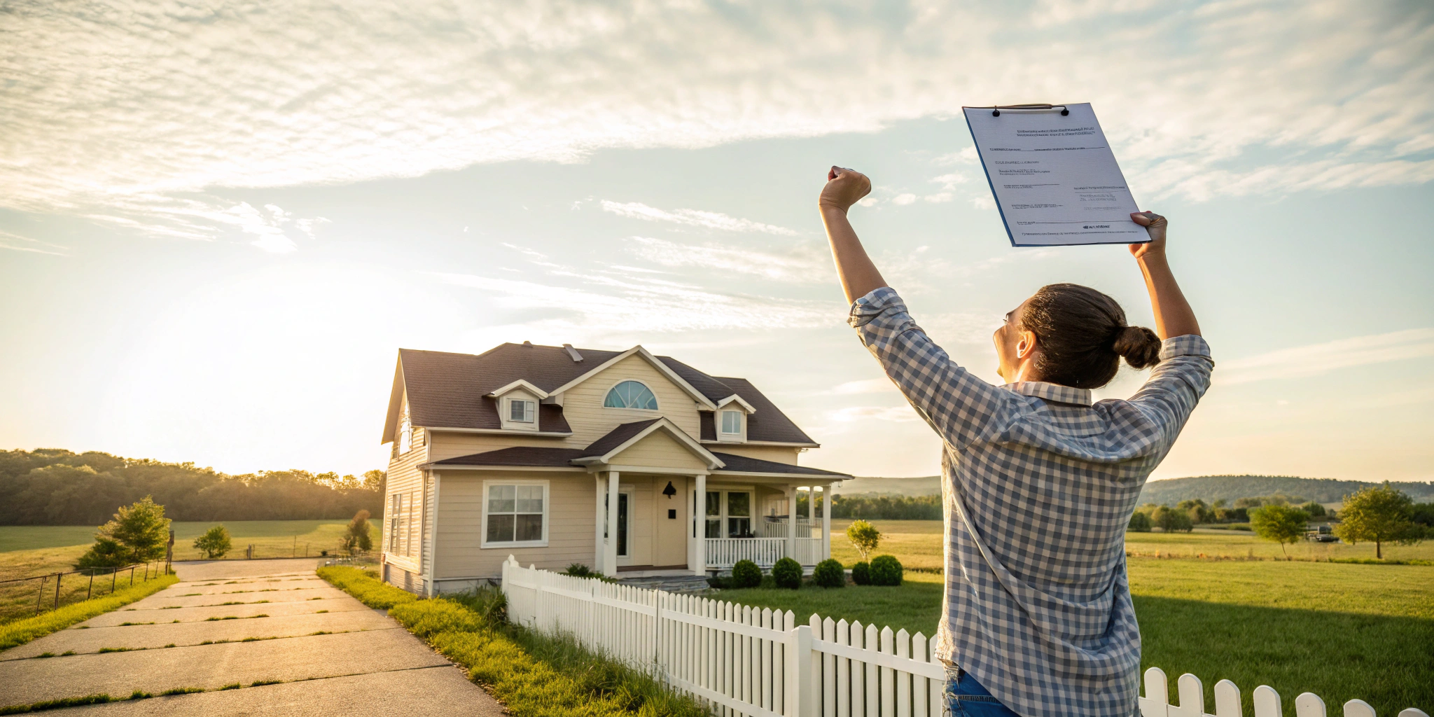 An image of a person confidently holding a freshly signed home purchase contract, standing in front of a picturesque Texas home with a bright blue sky and wide-open landscape.