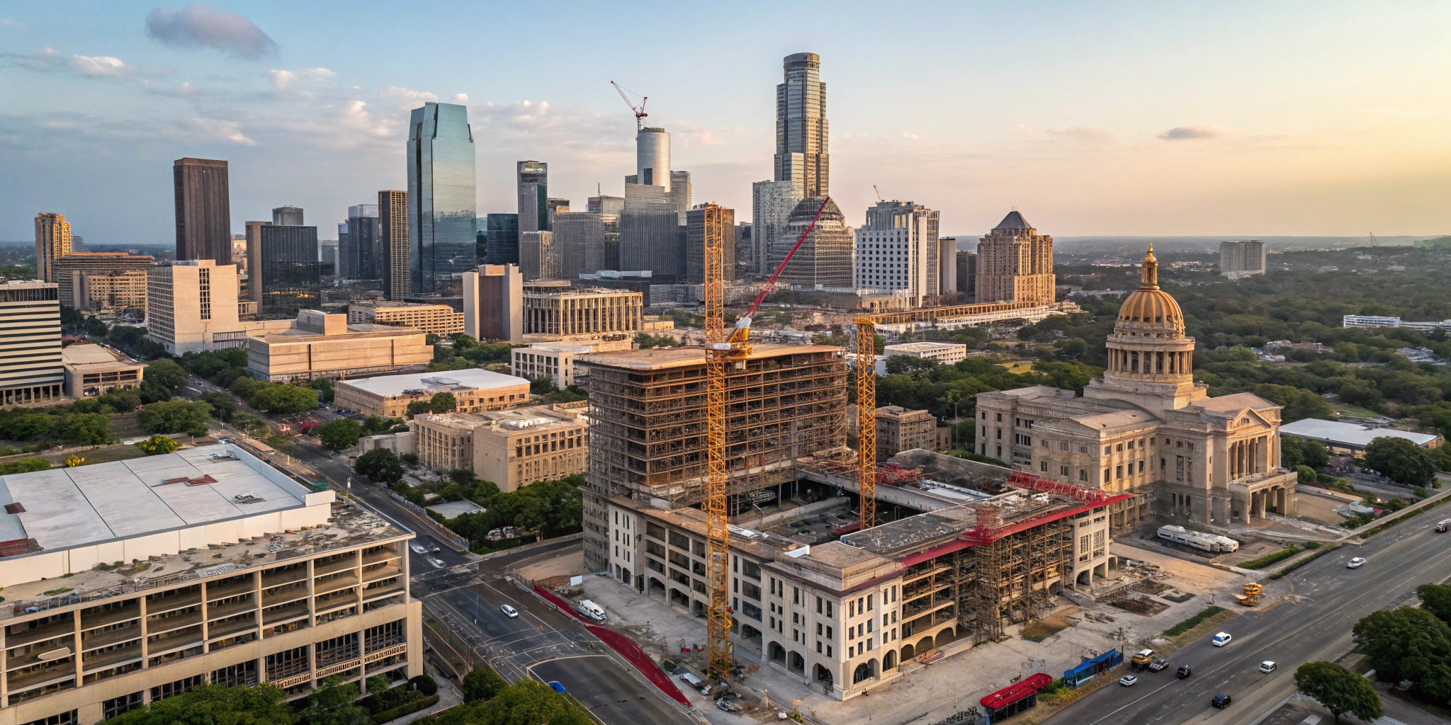 An aerial view of a bustling Texas cityscape with cranes and construction sites indicating rapid development and transformation.