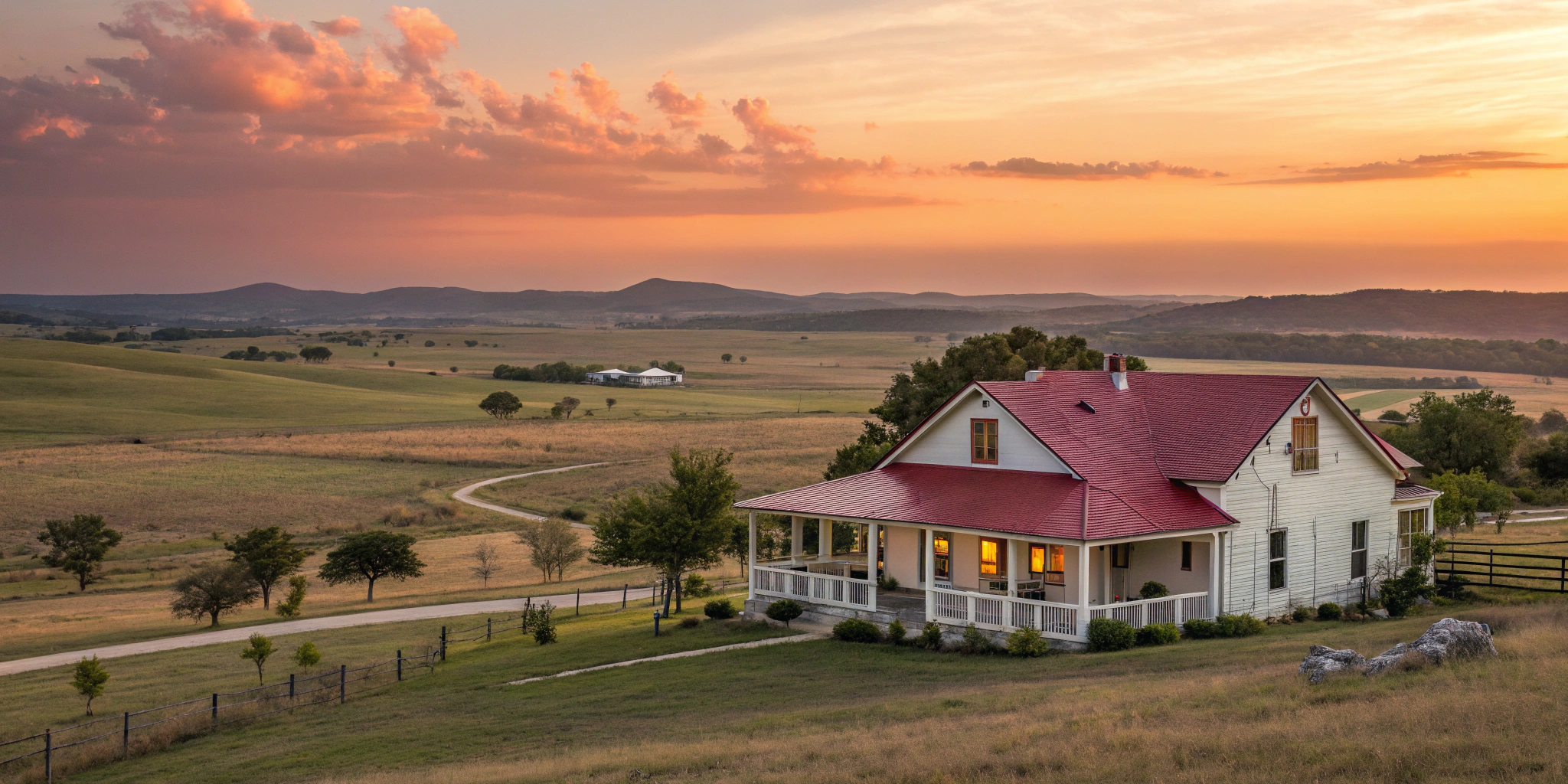 An idyllic Texas landscape at sunset with a cozy, inviting ranch-style home nestled amidst open fields and distant rolling hills, symbolizing the tranquility and appeal of retiring in Texas.