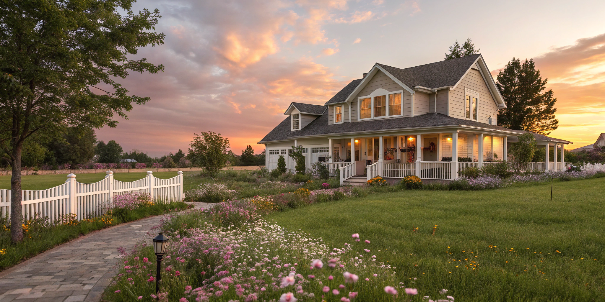 An inviting suburban home with a picturesque, welcoming front lawn, surrounded by blossoming wildflowers under a wide-open Texan sky at sunset.