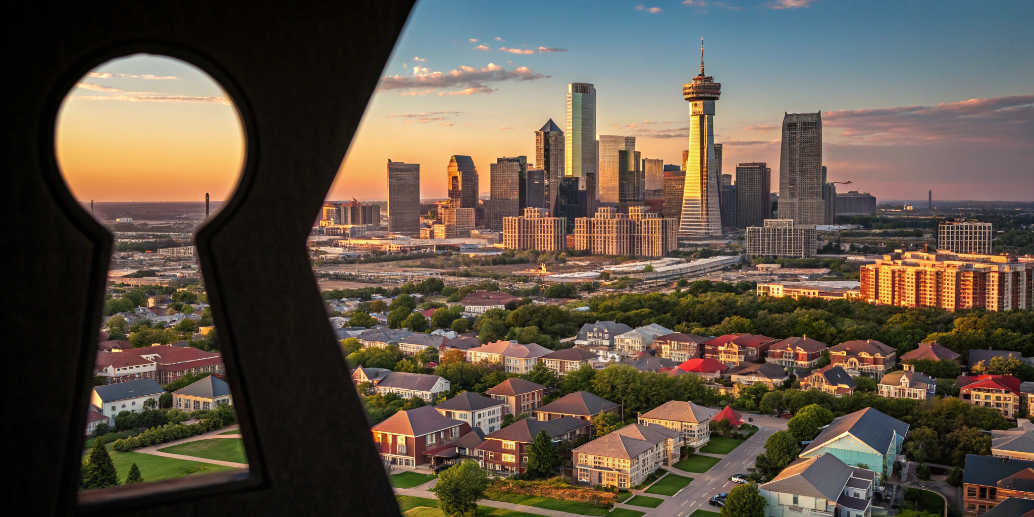 A panoramic image of a bustling Texas skyline at sunset, with a silhouetted keyhole in the foreground revealing rows of luxurious homes and vibrant neighborhoods, symbolizing hidden opportunities in the real estate market.