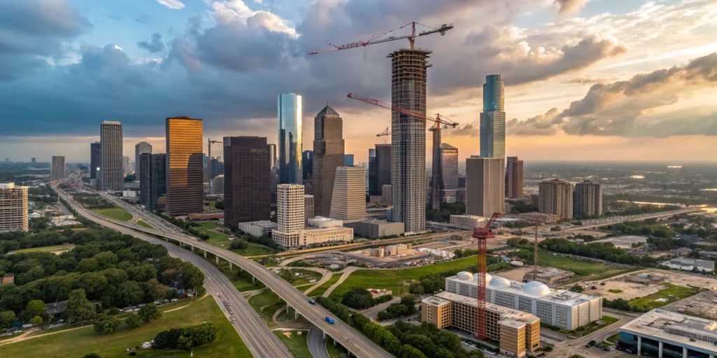 A dramatic aerial shot of a bustling Houston skyline with towering cranes and construction sites actively building new skyscrapers amidst a sea of vibrant neighborhoods and busy freeways.