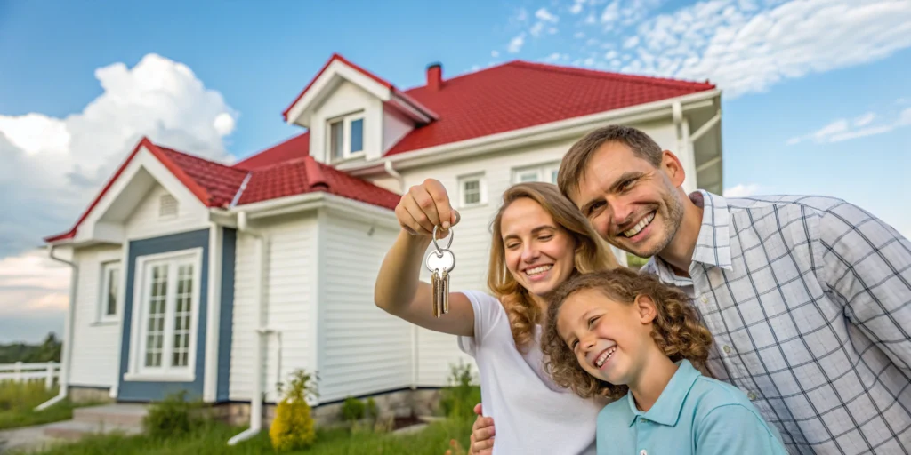 An image of a happy family standing in front of a charming Houston house, holding miniature house keys, with a backdrop of a clear blue sky.