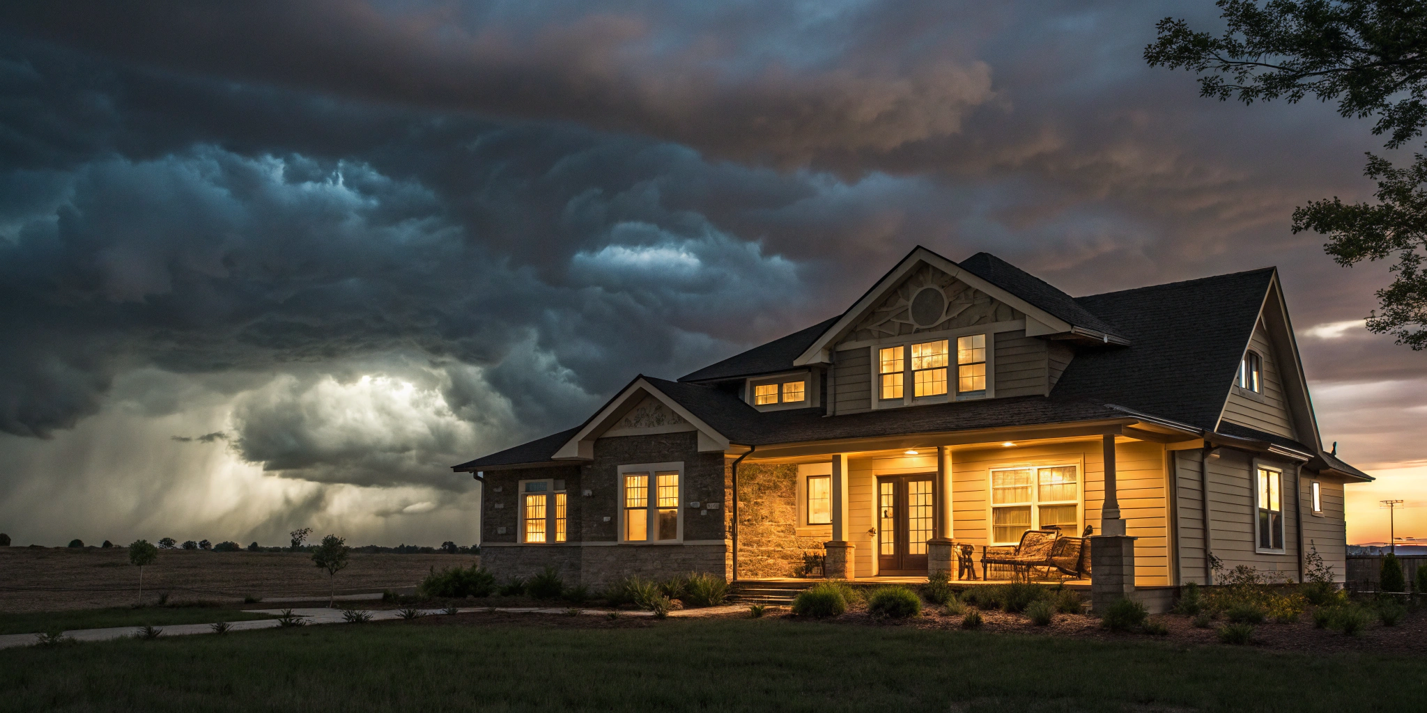 A cozy Texas home with a dramatic stormy sky in the background, highlighting the security and comfort within despite the menacing weather outside.