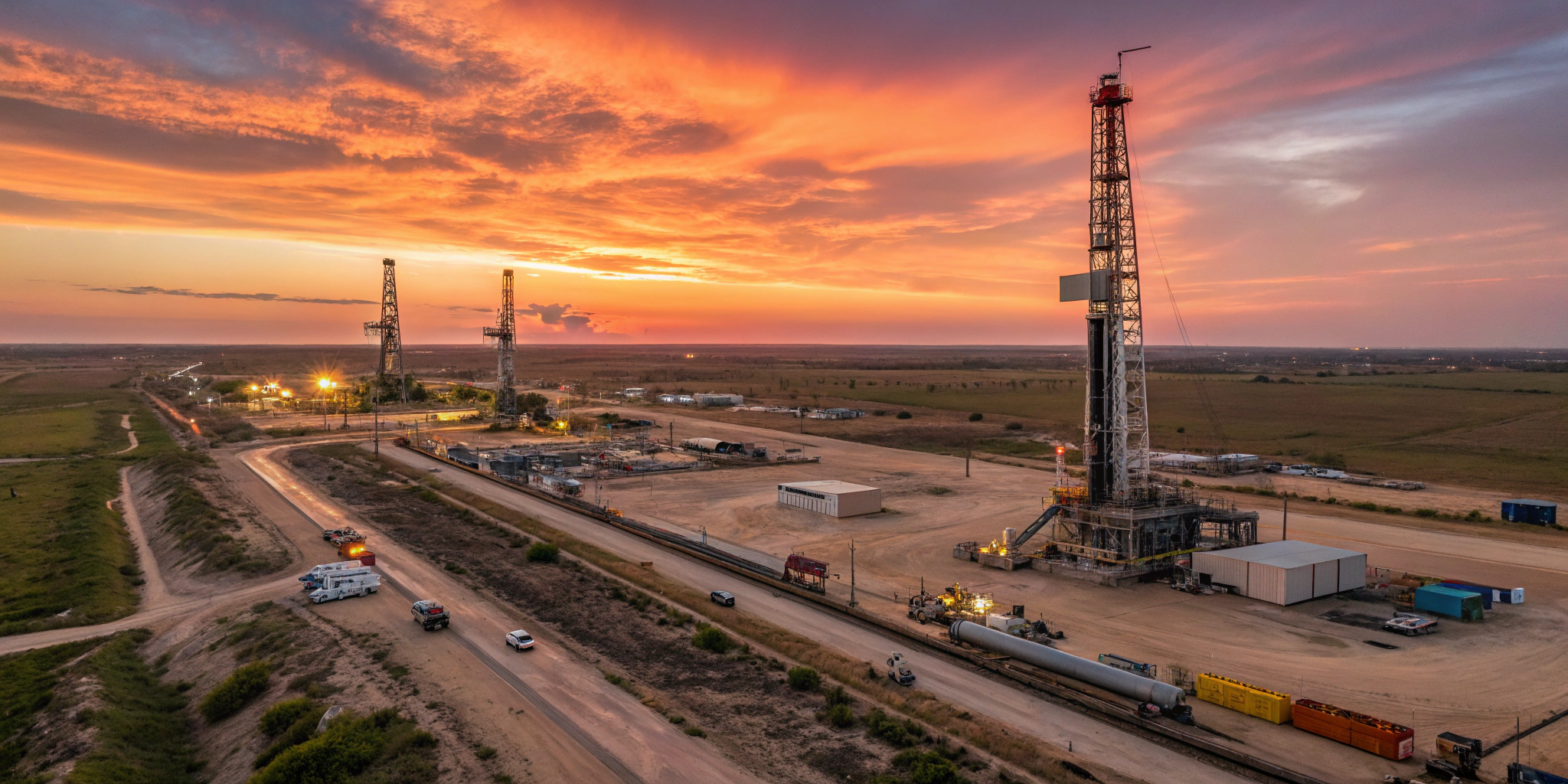A dynamic aerial shot of bustling oil fields in Texas with rigs operating against a vibrant sunset.