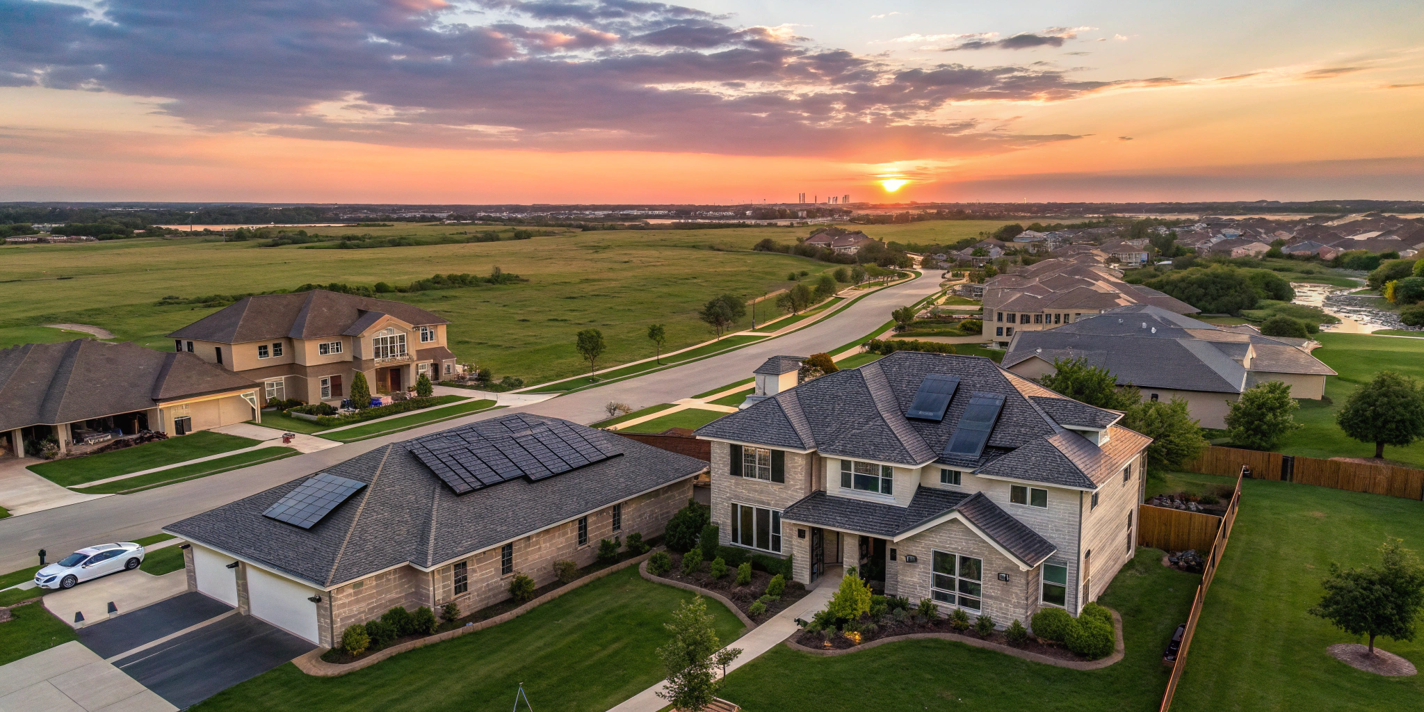 An aerial view of a newly developed suburban neighborhood in Texas, featuring modern homes with solar panels, lush green parks, and a picturesque skyline at sunset.