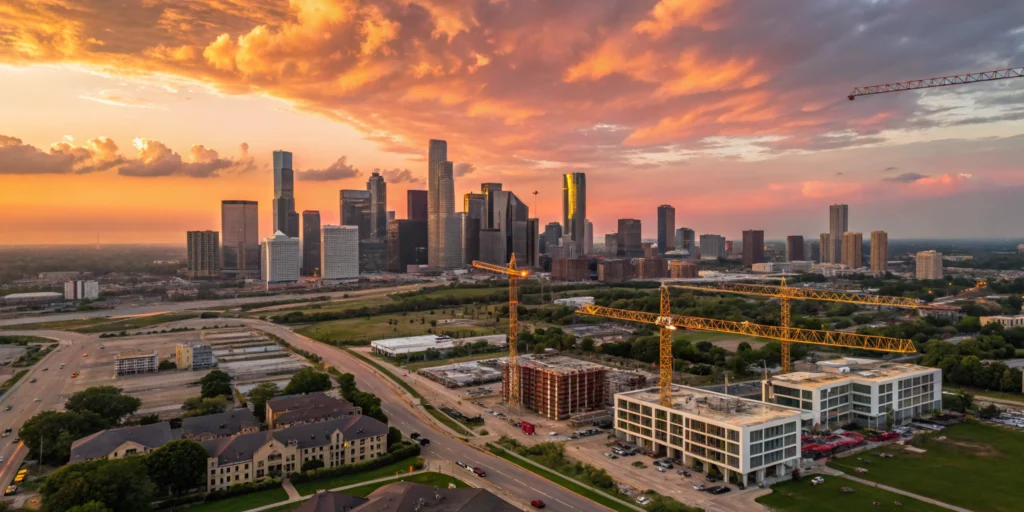 Aerial shot of a vibrant Texas city skyline at sunset, with sprawling new housing developments and construction cranes.