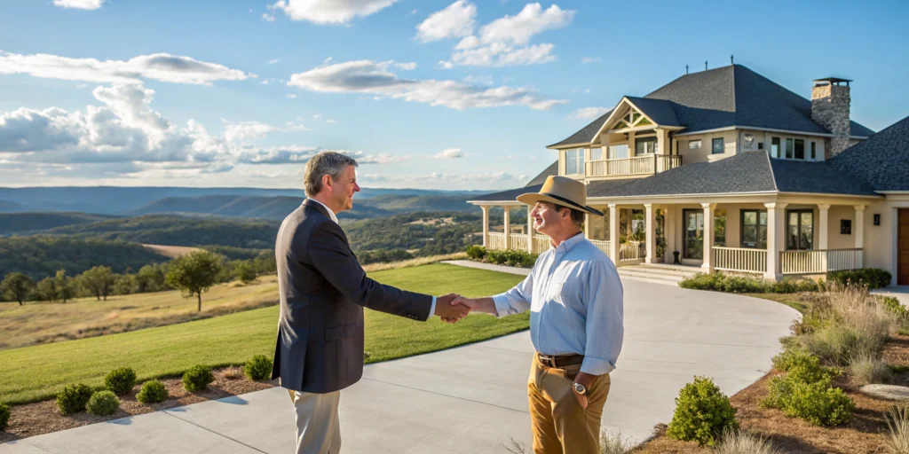 An image of a confident real estate agent shaking hands with a client in front of a luxurious Texas-style ranch home, showcasing a vast landscape in the background.