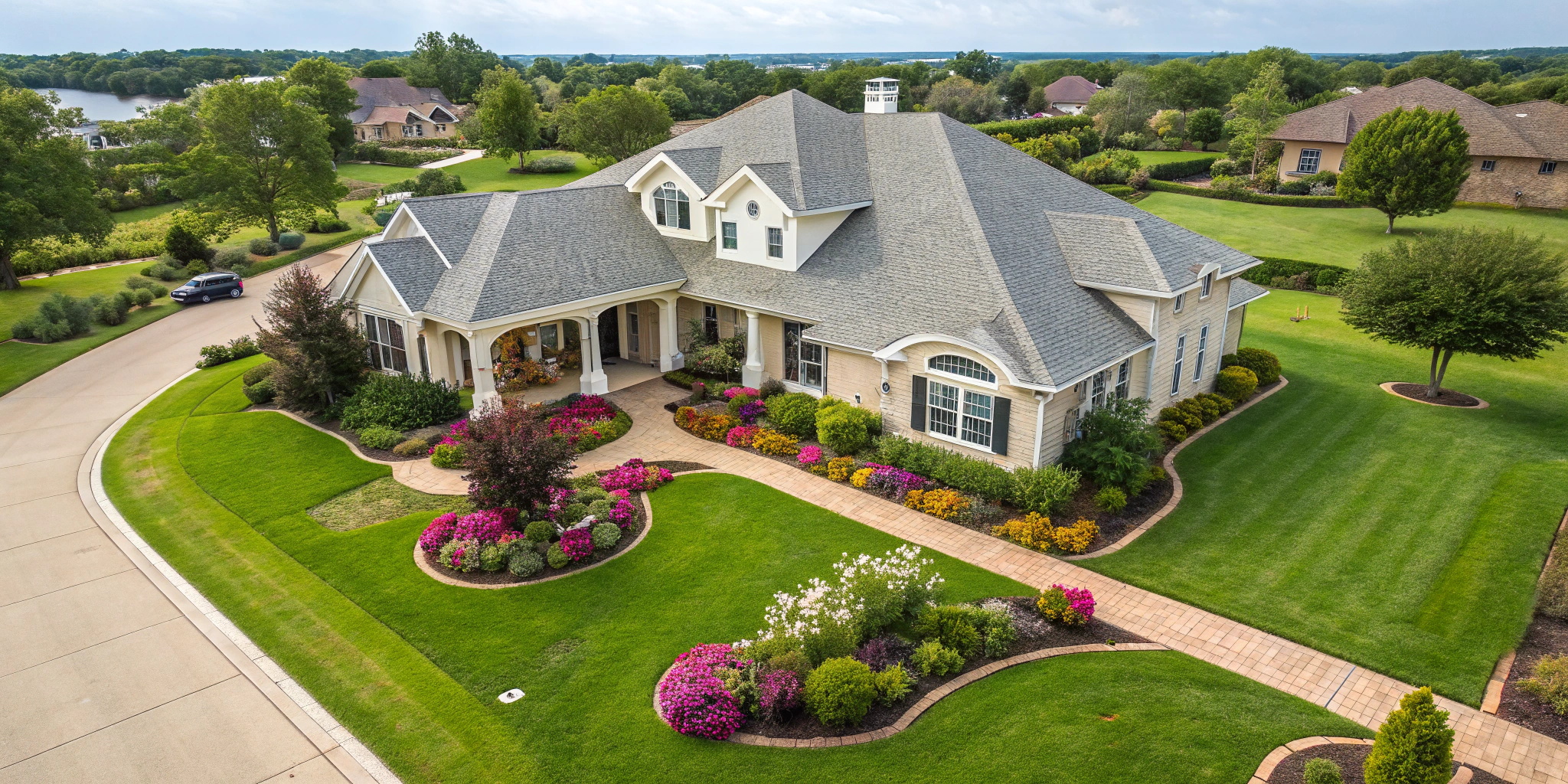 An aerial view of a stunning Texas property featuring well-maintained landscaping, a pristine roof, and vibrant curb appeal, showcasing the rewards of strategic home maintenance.