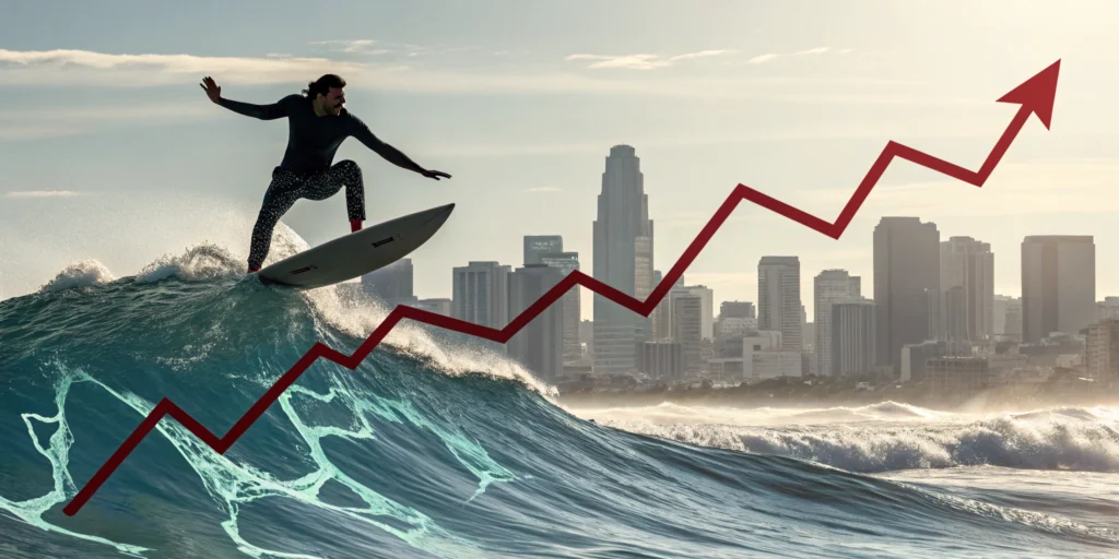 A dramatic visual of a person confidently surfing on a rising graph-shaped wave, symbolizing mastery in navigating the fluctuating Texas real estate market.