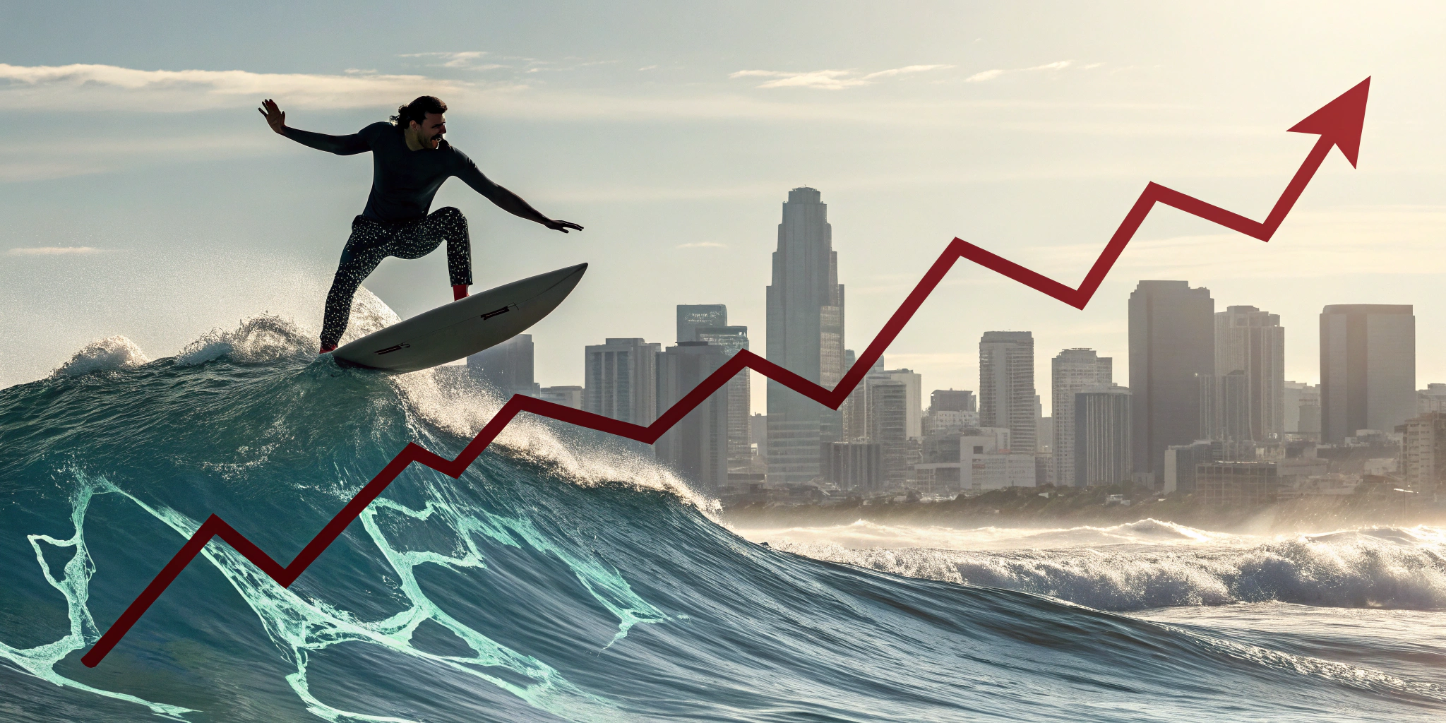 A dramatic visual of a person confidently surfing on a rising graph-shaped wave, symbolizing mastery in navigating the fluctuating Texas real estate market.