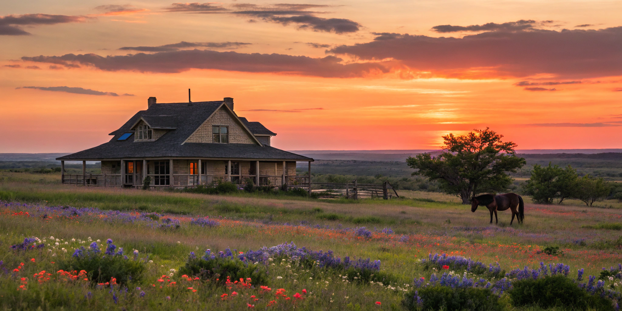 A stunning sunset silhouette of a traditional Texan-style ranch house nestled in an expansive landscape, surrounded by wildflowers, with a lone horse grazing nearby.