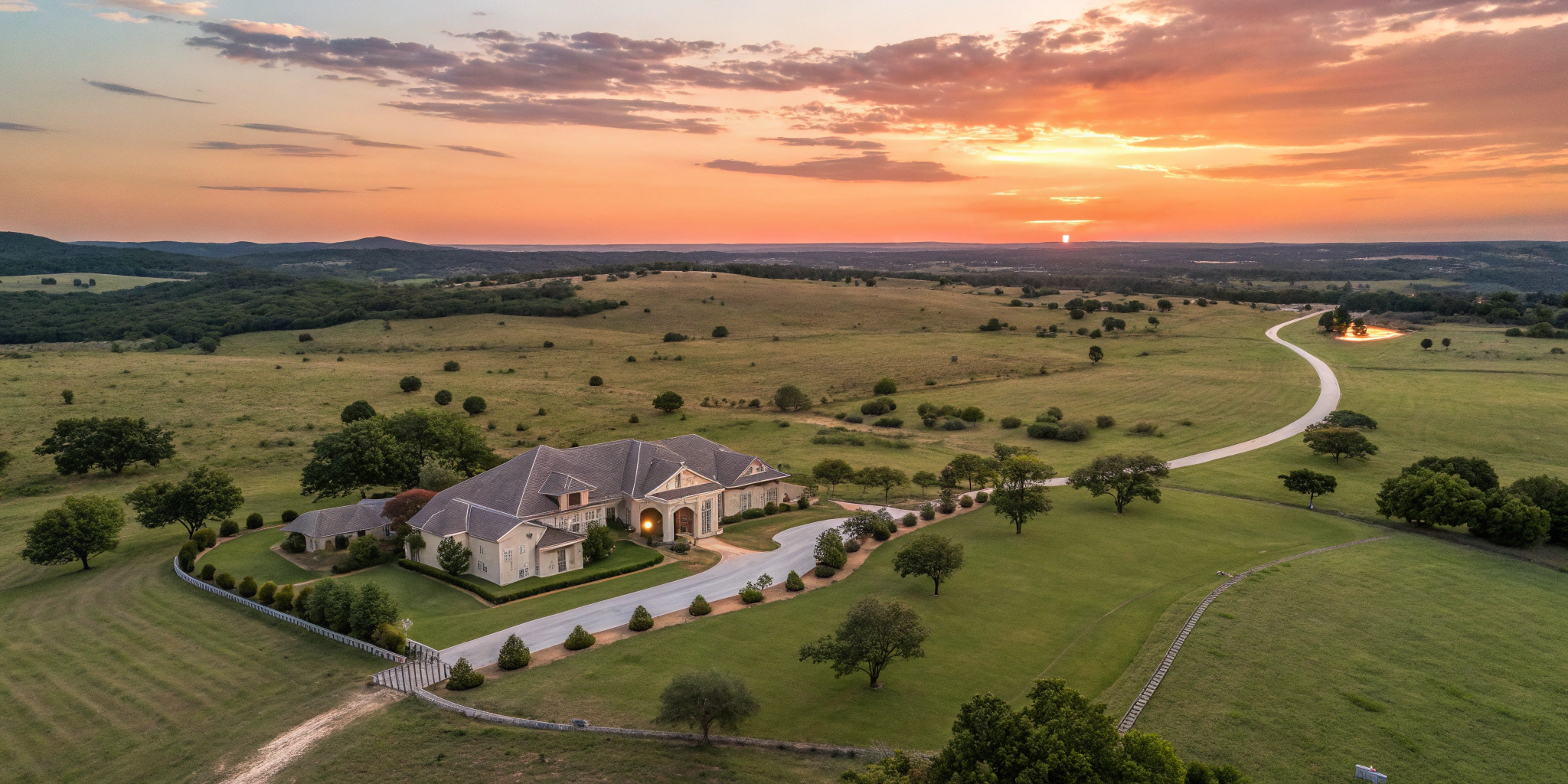 A serene aerial view of a sprawling Texas ranch with a luxurious home at sunset, capturing vast land and prosperity.