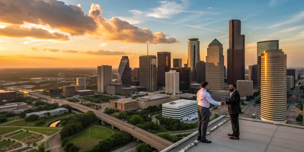 Aerial shot of a bustling Houston skyline at sunset, with a confident real estate agent shaking hands with a client in the foreground, symbolizing successful property deals.